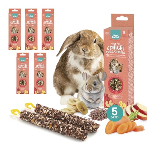 Best Friend - Snack Naturali Cotti al Forno per Conigli, Cavie e Cincillà. Gustosi stick e ricchi di vitamine con legno di betulla per denti sani | Frutta, 5 Pack x 115 g