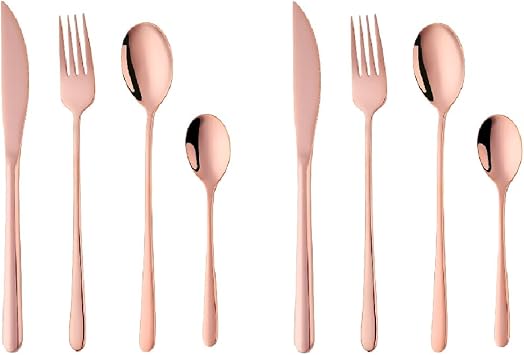 Stainless Steel Dinner Cutlery Set for 2 Persons, Steak Knife, Dinner Fork, Dinner Spoon, Tea Spoon, 4 Piece Set, Multicolor Choice, Rose Gold ..