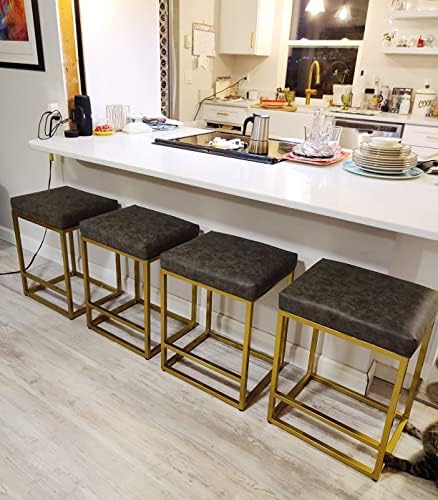MAISON ARTS Gold Counter Height 24 Inch Bar Stools Set of 4 for Kitchen Counter Modern Barstools Upholstered Faux Leather Square Stools Backless Farmhouse Island Chairs, Support 330 LBS, Grey+Gold