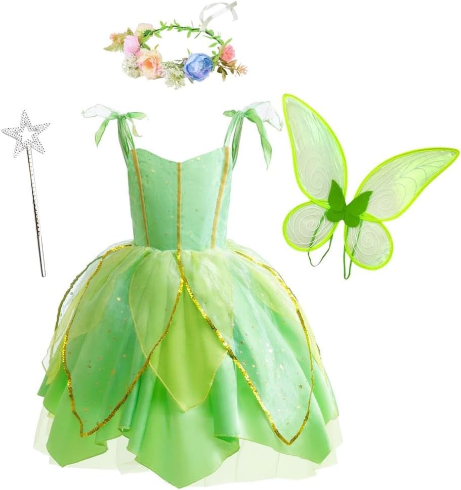 Dressy Daisy Green Fancy Fairy Halloween Costume Birthday Party Dress Up with Butterfly Wings for Toddler Girls Size 2T to 14