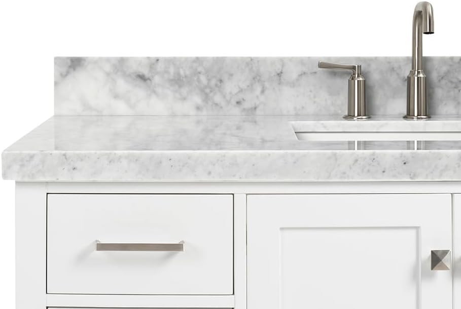 DKB Beckford 48-Inch Bathroom Vanity with Sink — White Single Sink Bathroom Vanity, 1.5" Edge Italian Carrara Marble Top, Solid Wood, 2 Soft-Close Doors, 9 Dovetail Drawers