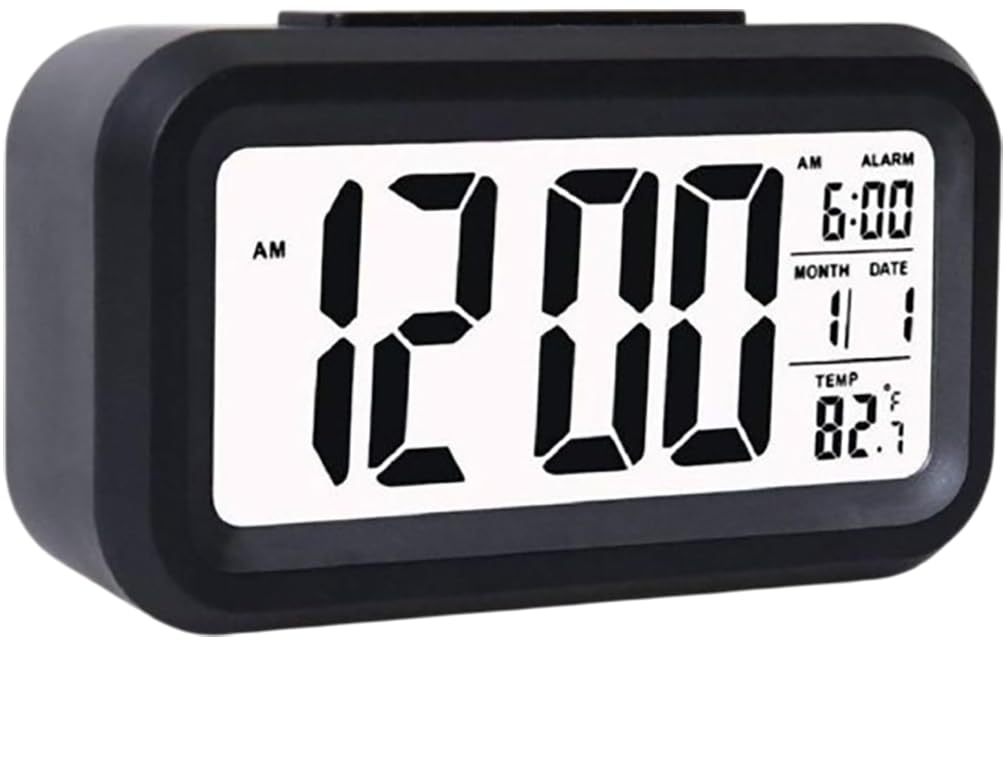ONISHOMES Digital Table Alarm Clock Calendar Snooze with Automatic Sensor Light Smart Battery Operated Date & Temperature Multifunctional Heavy Sleepers Students, Loud Watch, Home & Office (Black)