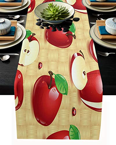 Prime Leader Apples Table Runner, 13 x 90 inch Red Apples and Ladybug on Retro Weave Texture Table Runner for Holiday Family Dinner, Farmhouse, Indoor or Outdoor Parties(Cotton-Polyester Blend)