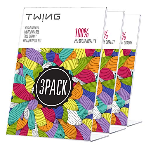 TWING Table Sign Display Holder Slant-Back Design Ad Picture Frame, Brochure Holder Clear Acrylic 5x7 inches Table Menu Stand Card Display Pack of 3