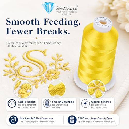 Image of Simthread 5500Yds Embroidery Thread, 5000M High-Yardage 40WT 100% Polyester Thread - 170+ Vivid Colors, High-Speed Rated - Compatible with Brother, Singer, Janome & More - Sunshine Yellow S022