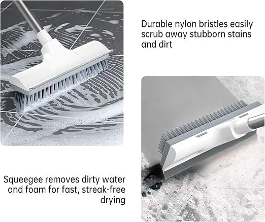 Image of 2 in 1 Floor Cleaning Brush with Long Handle | Hard Bristle Scrub Brush & Floor Scraper for Bathroom, Kitchen, Tiles, Walls & Outdoor Cleaning. (White)
