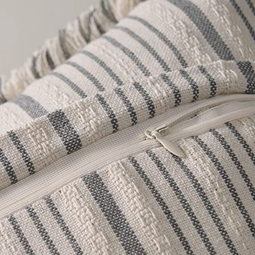 Topfinel Modern Farmhouse Decorative Throw Pillow Covers 18X18 Set Of 2, Grey And Beige Stripes Neutral Textured Pillow Cover For Couch, Boho Fringed Linen Cushion Cases For Sofa Bedroom Home Decor #TOP3
