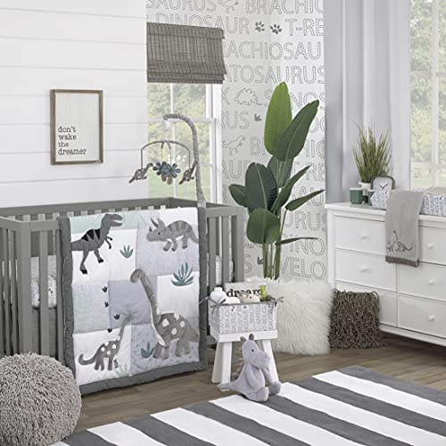 Image of NoJo Baby-Saurus Gray, White, and Green Triceratops, Brontosaurus, and Tyrannosaurus Dinosaurs with Mountains and Leaves 4 Piece Nursery Crib Bedding Set - Comforter, 100% Cotton Fitted Crib Sheet, Crib Skirt, and Storage