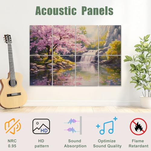 8 Pack Paneles Acústicos de Arte Absorbentes de Sonido Color Rosado con Diseño de Árbol Cerezo y Roca 48"x32" miniatura 3