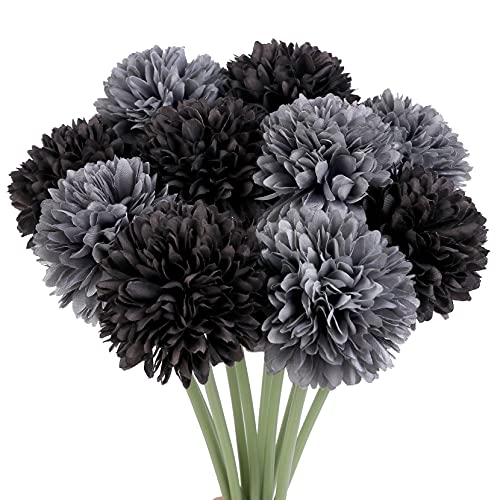 Jim's Cabin Artificial Flowers 12 Pcs Fake Silk Artificial Chrysanthemum Ball Hydrangea Bridal Wedding Bouquet for Kitchen Home Decor (Black,Grey)