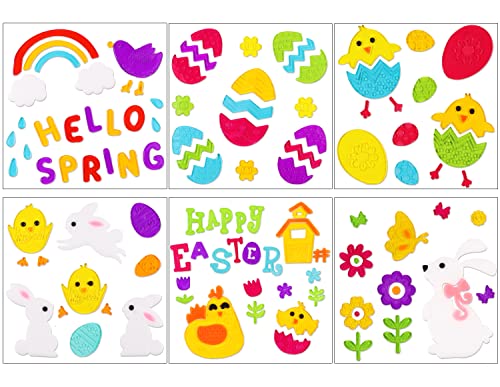 JOICEE 6pcs Easter Gel Clings, Egg Bunny Chick Stickers for Window Decors