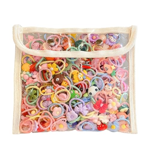YOFDAL 100 Pezzi Elastici Capelli Bambina, Accessori per Capelli a Tema Cartoni Animati, Elastici Colorati,Con Sacchetto Beige per Riporli