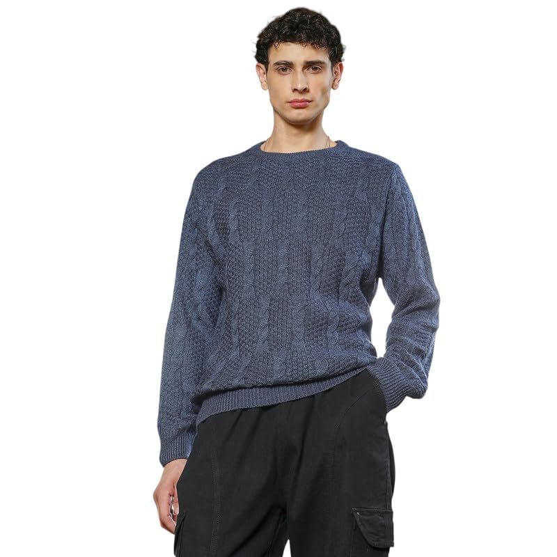 cahoot Men's Sweater | Round Neck, Long Ribbed Cuff Sleeves, Pull On Closure, Ribbed-Straight Hem | Solid Knitted Jacquard for Casual & Daily | Steel Blue-picture-46