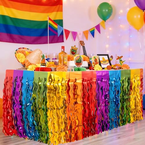 Rainbow Pride Table Skirts Pride Table Decorations Rainbow Party Decorations Metallic Foil Fringe Table Skirts 275cm x 75cm for LGBTQ Gay Pride Party Birthday Wedding Festival Celebrations