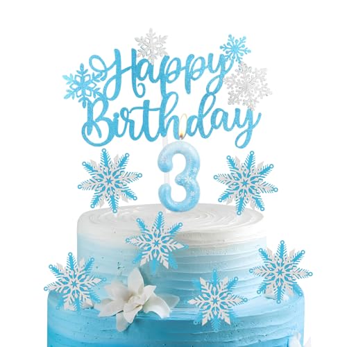 Juego de 3 velas de cumpleaños de Frozen para tartas, copos de nieve congelados, número 3 para tartas, decoraciones de tartas congeladas, velas azules congeladas para decoración de tartas para niñas y