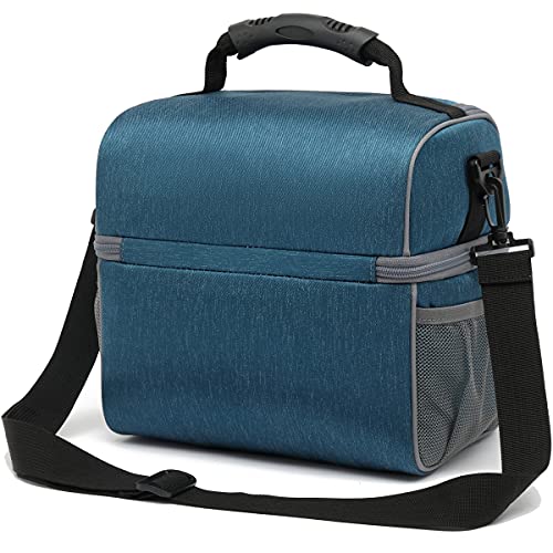 Flowfly Double Layer Cooler Insulated Lunch Bag Adult Lunch Box Large Tote Bag For Men, Women, With Adjustable Strap,Front Pocket And Dual Large Mesh Side Pockets,Lake Blue #TOP7