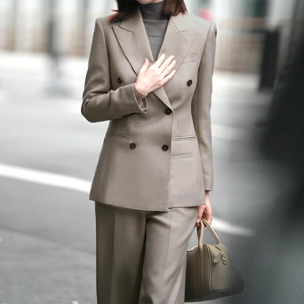 Donna Abito Doppiopetto Prom Business Giacca con Revers a Lancia Pantaloni a Gamba Larga