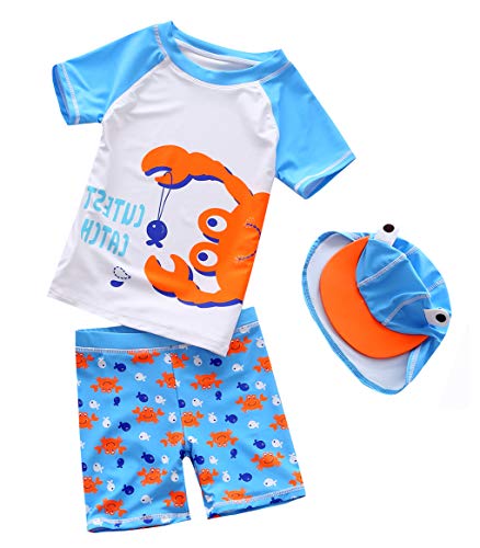 Baby Toddler Boys Two Pieces Swimsuit Set Swimwear Dinosaur Bathing Suit Rash Guards with Hat UPF 50+ (Crab, 3-4 T)