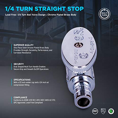 Image of Midline Valve 82515QS-OM-5 Water Supply Stop Valve with Quarter Turn Wheel; One Piece Design; Straight Shut-off for Toilet, Sink, Dishwasher; 1 /2 in. PEX x 1 /4 in. COMP; Chrome Plated Brass (5 Pack)