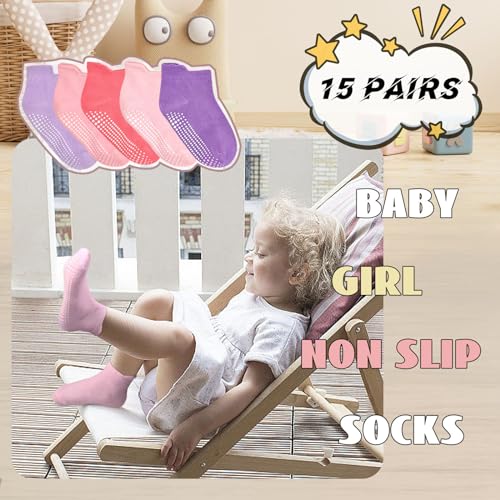HYCLES 15 Pairs Girl Grip Socks Non Slip Toddler Girls Socks Baby Ankle Sock for 1-7 Years Kids2