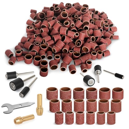 600Pcs Sanding Drums Kit – 80/120/240 Grit Sanding Bands with 24 Drum Mandrels, 2 Self-Tightening Drill Chucks & 1 Wrench – Tool Accessories Sanding Drum Bits for Rotary Tool
