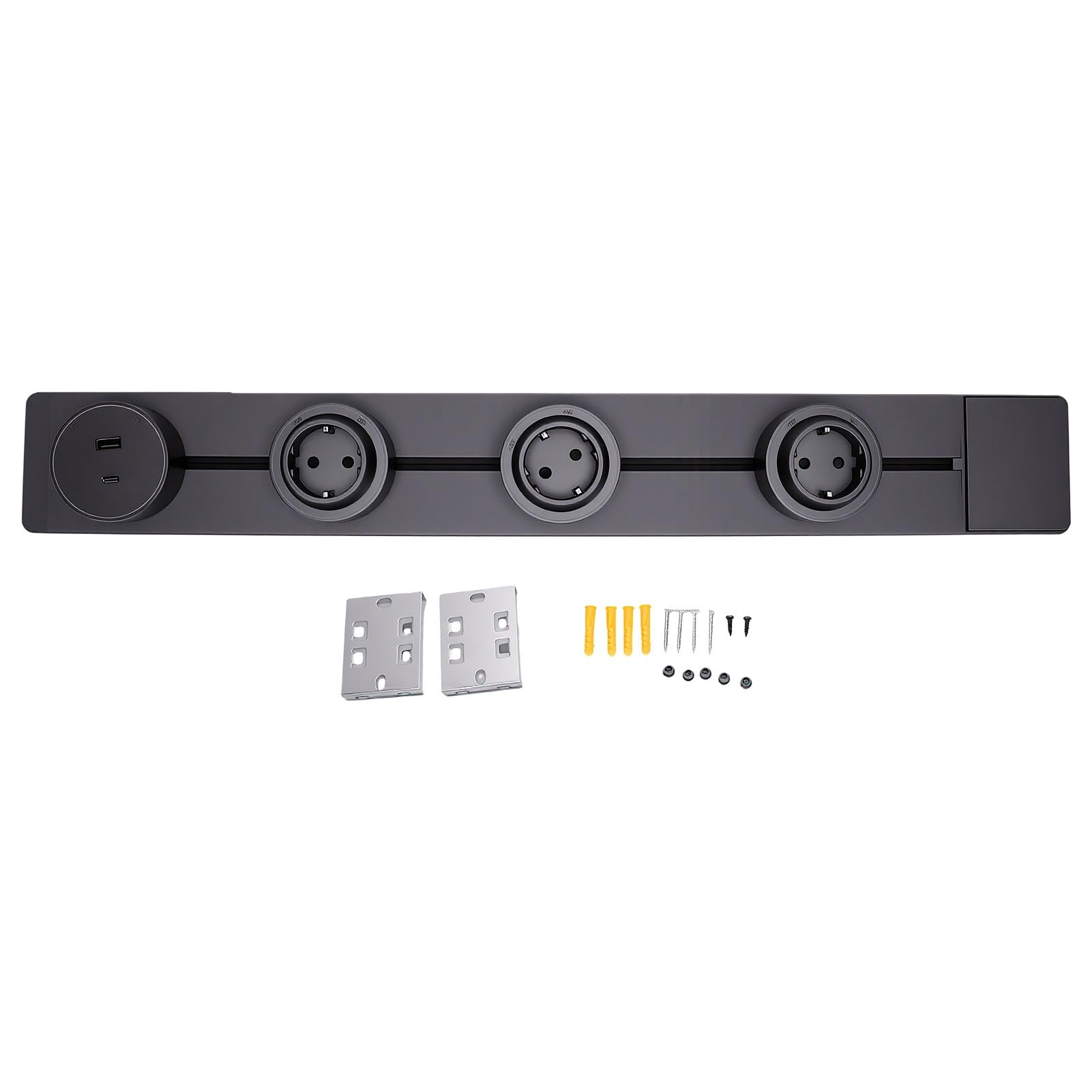 Bewinner Tomacorriente de Riel de 60 Cm Enchufe de 2 Clavijas Puerto USB A y C de Riel Adaptador Extraíble para el Hogar Cocina Oficina 10 W Luz Azul Gris Mate