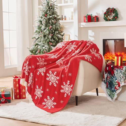 CozeCube Reversible Knit Throw Blanket, Red Christmas Snowflake, 50"x60"