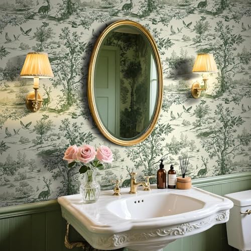 Image of Wallpaper Peel and Stick Vintage Flowers Pattern Design Textured Toile Wallpaper, Green and Cream, Pastoral Landscape with Birds and Deer, Traditional Style Shelf Vinyl PVC 16.5&87inch