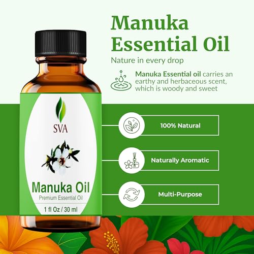 Image of SVA Manuka Essential Oil 1 Fl Oz - for Diffuser, Skin & Hair Care - Ideal for Massage & DIY Blends - with Dropper