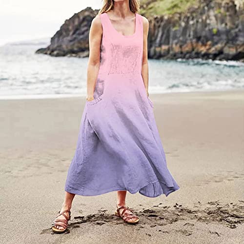 Plus Size Cotton Linen Summer Dresses for Curvy Women 2025 Sleeveless Maxi Vacation Beach Sundresses with Pockets