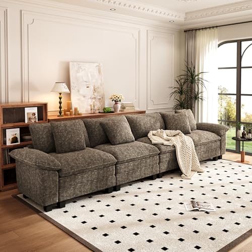 Image of PHI VILLA Cloud Modular Couches Sets, 157.5 inch Sectional Sofa with Upholstered Deep Seat, 4-Seater Long Couches for Living Room Apartment, Chenille Grayish Brown