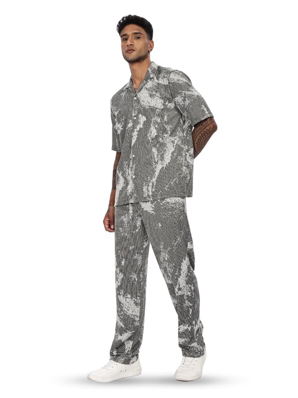 Men's Pure Cotton Full Length Lapel Collar Half Sleeves Grey Abstract Co-ords Set-image-48