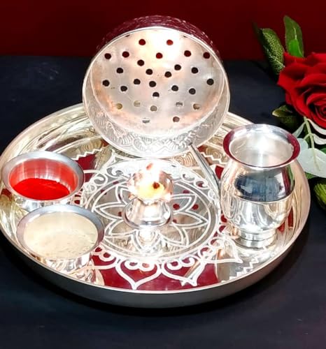 Ensemble Pooja en argent allemand Karwachauth Combo kit 5 pièces pour décoration et dévotion - 4
