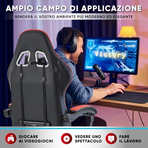 Sedia da gaming, ergonomica, da ufficio, da gaming, schienale regolabile, sedia girevole da corsa, ufficio, computer, ergonomica, videogioco (Rosso) - Sedia gaming - Immagine 6