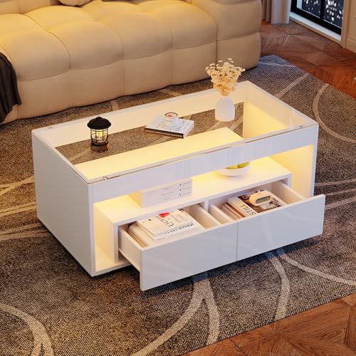 DHWDS Moderna mesa de centro con iluminación LED, 110 x 50 cm, 2 cajones y 16 colores, mesa de salón de cristal templado, diseño de doble capa, color blanco, mando a distancia incluido