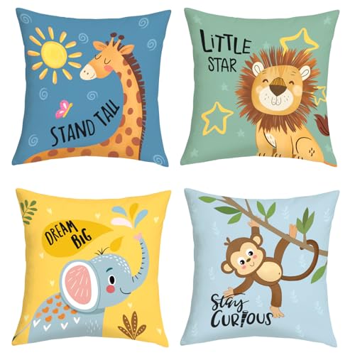 Joymaison Cartoon Animals Throw Pillow Covers 18x18 Inch Set of 4 Baby Elephant Giraffe Lion Monkey Cushion Pillow Case Nursery Home Decor for Kids...