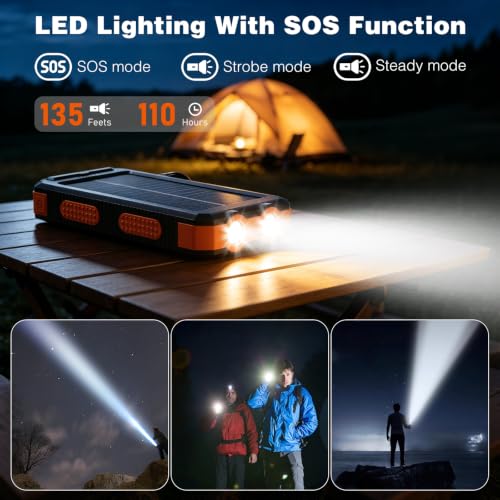 Solar Power Bank 20000mAh, Portable Phone Charger, 4 Cables Outdoor Waterproof External Backup Power Charger with USB-C for Cell Phones, Solar Battery Pack with Dual Flashlight for Camping - Image 4