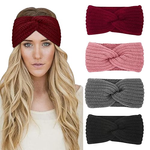AKTVSHOW 4 Stück Winter Stirnband Damen Gestrickt Frauen Haarreifen Haarbänder Breit Ohrenwärmer Häkelarbeit Elastische Weinrot Haarschmuck AKTVSHOW 4 Stück Winter Stirnband Damen Gestrickt Frauen Haarreifen Haarbänder Breit Ohrenwärmer Häkelarbeit Elastische Weinrot Haarschmuck