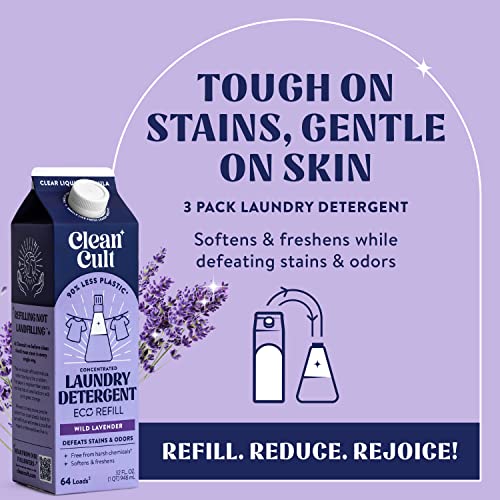 Cleancult Laundry Detergent Refills (32Oz, 3 Pack) - Laundry Soap That Defeats Stains & Odors - Free Of Harsh Chemicals - Paper Based Eco Refill, Uses 90% Less Plastic - Wild Lavender #TOP1
