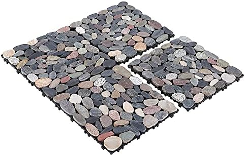 PURE ERA Natural Real Stone Interlocking Floor Deck Tiles Sliced Pebble Tile Indoor Outdoor Use 12"x12" (4Pcs, 4 sq. Ft, Sliced Mixed Color)- Great Upgrade to Patio Backyard Pathway