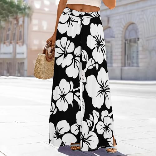 Womens Wide Leg Palazzo Pants Hawaiian Floral Flowy High Waist Casual Travel Trousers3