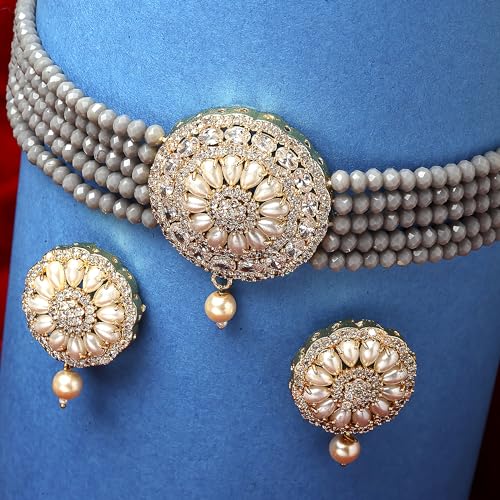 American Diamond Plated Brass Pearl Choker Necklace Set