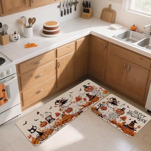 Moutina Happy Halloween Ghost Mushroom Pumpkin Skeleton Decorative Kitchen Rugs Set of 2, Halloween Holiday Party Home Decor Low-Profile Kitchen Mats for Floor - 17x29 and 17x47 Inch