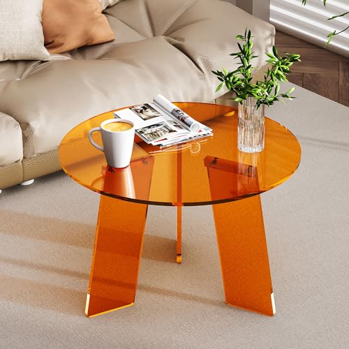 Dewrhiixe Acrylic Round Coffee Table, Clear Circle Modern Lucite Side Table Legs for Living Room, Bedroom, Office (Orange, 23.6“ × 15.7”)