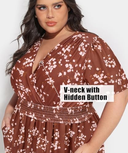 Image of CARCOS Plus Size Dresses for Curvy Women V Neck Summer Maxi Dress Short Sleeve Floral Boho Dress Smocked Waist Beach Dress