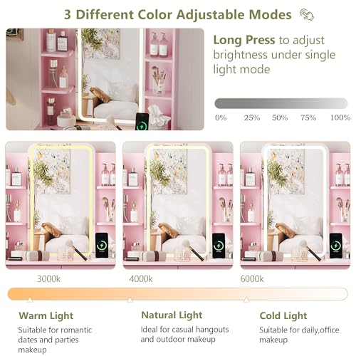 Image of HUANLEGO Small Pink Vanity Desk with Mirror and Lights for Women Girls | Vanity Mirror with Lights, 3 Lighting Adjustable, LED Light Strips, Built-in Power Outlet, Compact Dressing Table For Girls