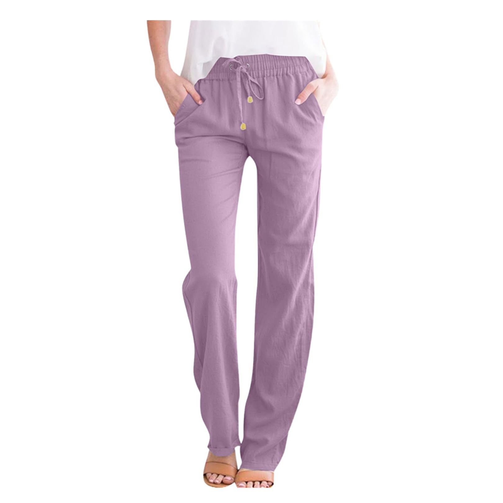ZLQRSSWK Leinenhose Damen Hose Sommer Musselin Hosen Stoffhose Einfarbig Freizeithose Gerade Geschnitten Sommerhose und Taschen Sommerhose Damen Leicht Baumwolle Leinen Hose