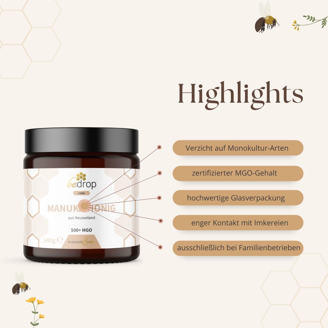 bedrop | Bee’s Kindheitsset | Blütenpollenpulver, Propolis Tinktur alkoholfrei 10% und Manuka Honig MGO 500