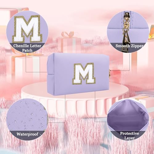 Small Personalized Letter Makeup Bag, Cute PU Leather Chenille Letters Cosmetic Bag Travel Makeup Pouch, Preppy Travel Organizer Zipper Pouch for Women&Girls(Purple-M) - 2