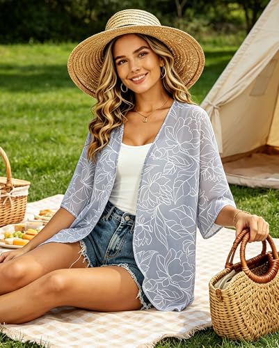 Image of FINOCEANS Womens Floral Chiffon Kimono Cardigans Loose Beach Cover Up Half Sleeve Tops
